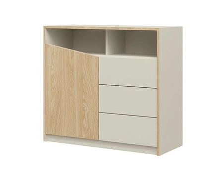 Komoda z szufladami Atson 100 cm szarobeżowy / dąb olejowany lewa stylowy design komody ciekawy kształt frontu nadaje oryginalności