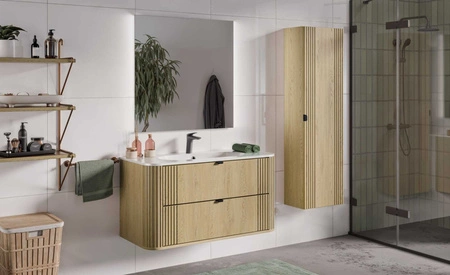 Szafka pod umywalkę Ovalia Cremona 100 cm dąb cremona elegancka szafka do łazienki o zaoblonym kształcie wyraziste pionowe ryflowania