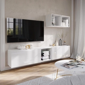 Meblościanka Glifa biała / biały połysk stylowa i ergonomiczna meblościanka do każdego wnętrza system otwierania drzwi push to open