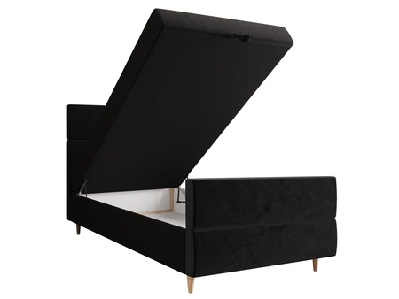 Łóżko kontynentalne Benet 90x200 czarne w nowoczesnym skandynawskim stylu z tapicerowanym zagłówkiem oraz zanóżkiem łóżko z pojemnikiem