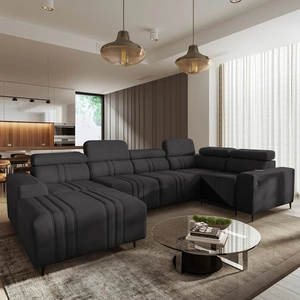 Narożnik z funkcją spania Castel IV grafitowy lewostronny stylowy narożnik z pojemnikami na pościel i regulowanymi zagłówkami