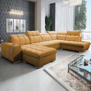 Narożnik z funkcją spania Luigi VI miodowy lewostronny stylowy narożnik rozkładany z pojemnikami na pościel pokryty miękką tkaniną