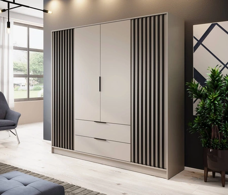 Szafa Aspen 206 cm beżowa / czarne lamele nowoczesny design mebla drzwi szafy ozdobione lamelami