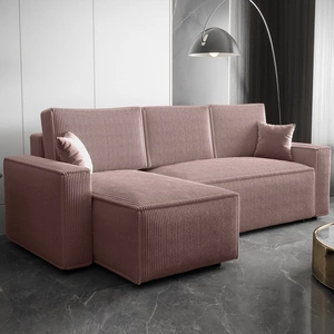 Narożnik z funkcją spania Nelo wrzosowy lewostronny praktyczny i nowoczesny narożnik pokryty sztruksową tkaniną pojemnik na pościel