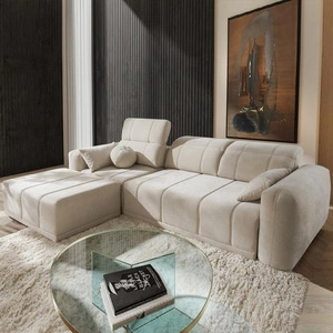 Narożnik z funkcją spania Cetara beżowy lewostronny stylowy design komfortowe przesuwane oparcia regulowane zagłówki