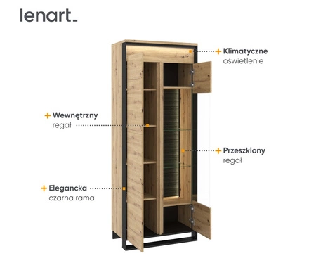 Witryna Quant 76 cm dąb artisan / czarny nowoczesny design witryna do salonu w stylu loftowym system otwierania drzwi push to open