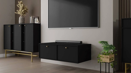 Szafka RTV Kioto IV 121 cm czarny grafit elegancka szafka pod telewizor z drzwiami otwieranymi do dołu złote metalowe uchwyty