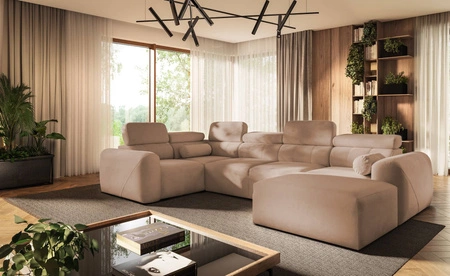 Narożnik z funkcją spania Cantare IV łososiowy prawostronny starannie wykonany narożnik do salonu zapewnia komfort i wygodę