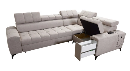 Narożnik z funkcją spania Bolmso II brązowy prawostronny narożnik z pojemnikiem na pościel szuflada z pełnym wysuwem w boczku mebla