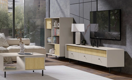 Regał Cappo 104 cm beż piaskowy / dąb olejowany stylowy niski regał osadzony na wysokich metalowych nogach zamykane szafki