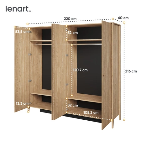 Szafa z lustrem Cozy 220 cm dąb olejowany pojemna szafa do sypialni lub przedpokoju lekka stylistyka podkreślona naturalną kolorystyką