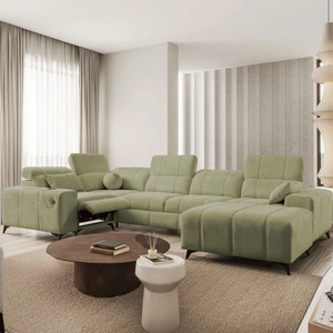 Narożnik z funkcją spania Penejos IV Lux oliwkowy prawostronny stylowy narożnik rozkładany z komfortowym wysuwanym podnóżkiem