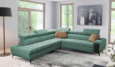 Narożnik z funkcją spania Bolmso IX miętowy lewostronny komfortowy narożnik do salonu z szufladą pojemniki na pościel stylowy design