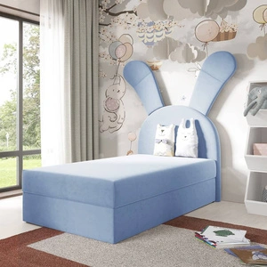 Łóżko kontynentalne Beti 100x200 błękitne wyjątkowe łóżko do pokoju dziecięcego uroczy wysoki zagłówek w kształcie króliczka
