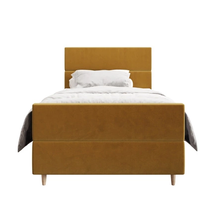 Łóżko kontynentalne Benet 100x200 musztardowe w nowoczesnym skandynawskim stylu z tapicerowanym zagłówkiem oraz zanóżkiem łóżko z pojemnikiem