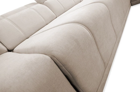 Narożnik z funkcją spania Cetara IV błękitny lewostronny stylowy design narożnika z przesuwanymi oparciami dwa pojemniki na pościel