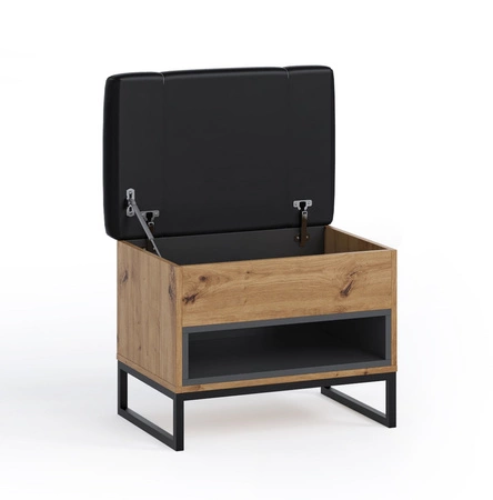 Szafka na buty Olier dąb artisan tapicerowane siedzisko funkcjonalny dodatek do przedpokoju stabilna metalowa podstawa