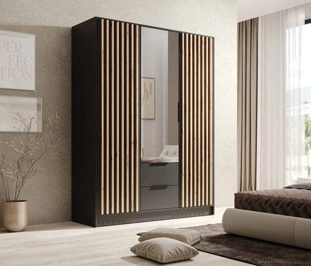Szafa z lustrem Neri 150 cm czarna stylowe lamele zdobiące drzwi szafy pojemne szuflady uchwyty krawędziowe