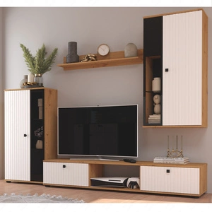 Meblościanka Senja dąb artisan / biały nowoczesny design ozdobne ryflowane fronty z metalowymi uchwytami