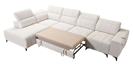 Narożnik z funkcją spania Penejos XI szary lewostronny wygodny narożnik z regulowanymi zagłówkami i dwoma pojemnikami na pościel