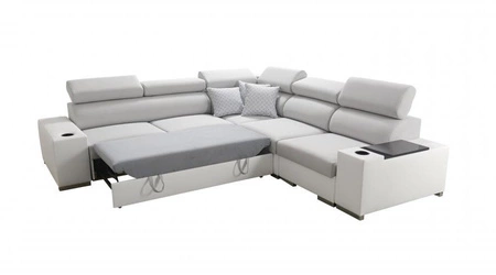 Narożnik z funkcją spania Provo III brązowy / biały prawostronny narożnik z pojemnikiem na pościel i regulowanymi zagłówkami