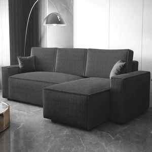 Narożnik z funkcją spania Nelo grafitowy prawostronny praktyczny i nowoczesny narożnik pokryty sztruksową tkaniną pojemnik na pościel