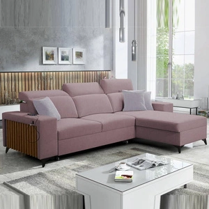 Narożnik z funkcją spania Kelly lawendowy róż prawostronny pleciony komfort i funkcjonalność bok narożnika wykończony lamelami