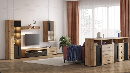 Komoda z szufladami Roger 121 cm dąb wotan / czarny nowoczesna stylistyka komody wzbogacona o stylowe czarne dodatki idealna do salonu sypialni