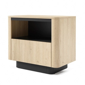 Szafka nocna Torro dąb cremona / czarny nowoczesny design szafki do sypialni zaoblony kształt system otwierania szuflady push to open