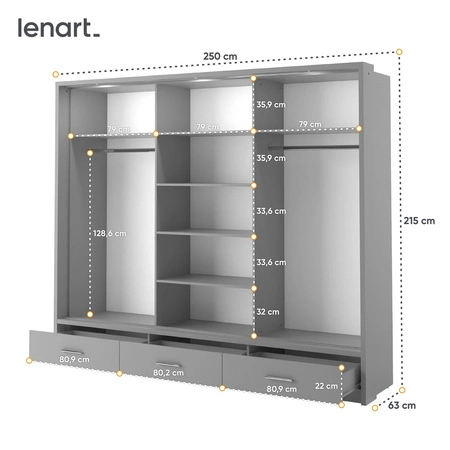 Szafa przesuwna z lustrem Arti 250 cm szara estetycznie wykonana szafa do sypialni wzbogacona oświetleniem LED pojemne szuflady