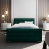 Łóżko tapicerowane Alford 140x200 butelkowa zieleń z pojemnikiem w nowoczesnym skandynawskim stylu z pikowanym zagłówkiem oraz zanóżkiem wykończone kryształkami