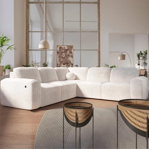 Narożnik z funkcją spania Arbon III kremowy lewostronny wyjątkowo stylowy narożnik z pojemnikiem na pościel unikalny obły kształt