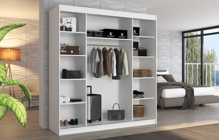 Szafa przesuwna z lustrem Bergen 200 cm dąb sonoma jasny / biały klasyczna forma dekoracyjne listwy na frontach szafy do przedpokoju