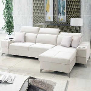 Narożnik z funkcją spania Elgin ecru prawostronny narożnik z regulowanymi zagłówkami praktyczne szuflady w boczkach mebla