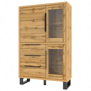 Witryna Halle 120 cm dąb wotan minimalistyczny design stylowy uchwyt krawędziowy witryna z szufladami wsparta na metalowej podstawie