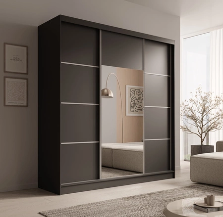 Szafa przesuwna z lustrem Keri 200 cm czarna funkcjonalna szafa do nowoczesnego wnętrza dekoracyjne srebrne listwy wewnętrzne szuflady