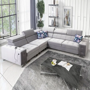 Narożnik z funkcją spania Hampton III szary popiel lewostronny komfortowy narożnik wykonany z gładkiej i miękkiej tkaniny typu velvet