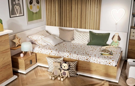 Szafka nocna Simi biały / hikora naturalna lewa stylowa szafka do łóżka dziecięcego szafka z szufladą i dodatkową półką