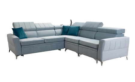 Narożnik z funkcją spania Rava IV grafitowy prawostronny velvet komfort podczas codziennego wypoczynku pojemnik na pościel