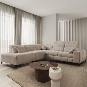 Narożnik z funkcją spania Penejos IX ciemny beżowy lewostronny stylowy narożnik z pojemnikami na pościel wygodne regulowane zagłówki