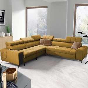 Narożnik z funkcją spania Bolmso III musztardowy lewostronny narożnik z pojemnikami na pościel szuflada z pełnym wysuwem w boczku