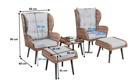 Zestaw mebli ogrodowych Aperto ciemny beżowy elegancki design zestaw z podnóżkami idealne meble na balkon wykonane z technorattanu