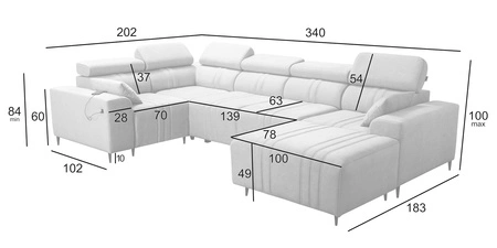 Narożnik z funkcją spania Castel IV beżowy prawostronny stylowy narożnik z pojemnikami na pościel i regulowanymi zagłówkami