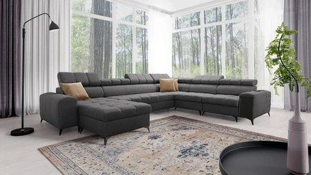 Narożnik z funkcją spania Bolmso VIII grafitowy lewostronny elegancki i wygodny narożnik z szufladą idealny do przestronnych wnętrz