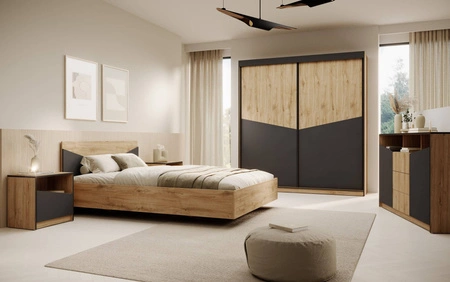 Szafka nocna Atson dąb odwieczny / czarny prawa funkcjonalny dodatek do sypialni w stylu nowoczesnym oryginalny kształt drzwi