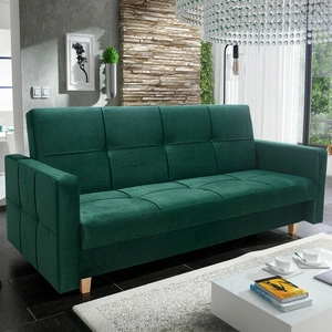 Kanapa rozkładana Sava butelkowa zieleń nowoczesny design szeroka funkcjonalność wersalki do pokoju tkanina o delikatnym połysku