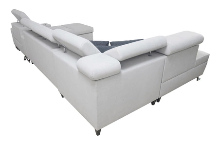 Narożnik z funkcją spania Dafni V arktyczny błękit / biały prawostronny pleciony wygodny i komfortowy narożnik z regulowanymi zagłówkami