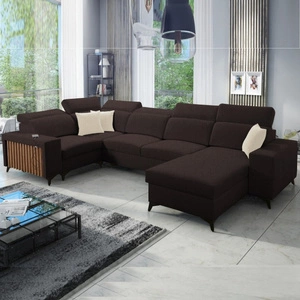 Narożnik z funkcją spania Kelly IV brązowy prawostronny pleciony komfortowy narożnik regulowane zagłówki bok wykończony lamelami