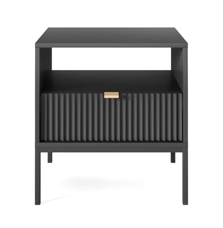 Szafka nocna z szufladą Lovro czarna gustowny ryflowany dekor idealna szafka do sypialni złoty uchwyt krawędziowy