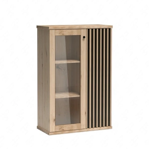 Witryna niska Cali 86 cm dąb artisan / czarny stylowa witryna do salonu drzwi witryny ozdobione lamelami w kolorze dębu czarny uchwyt